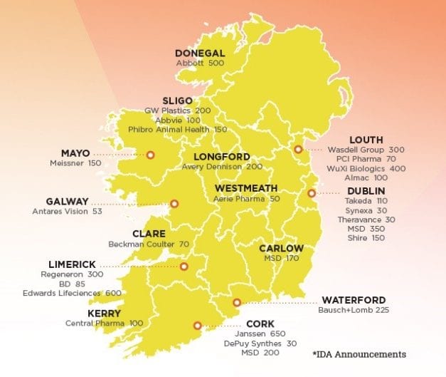 Map of ireland highlighting pharma, biotech and med device job announcements 2017 to 2019